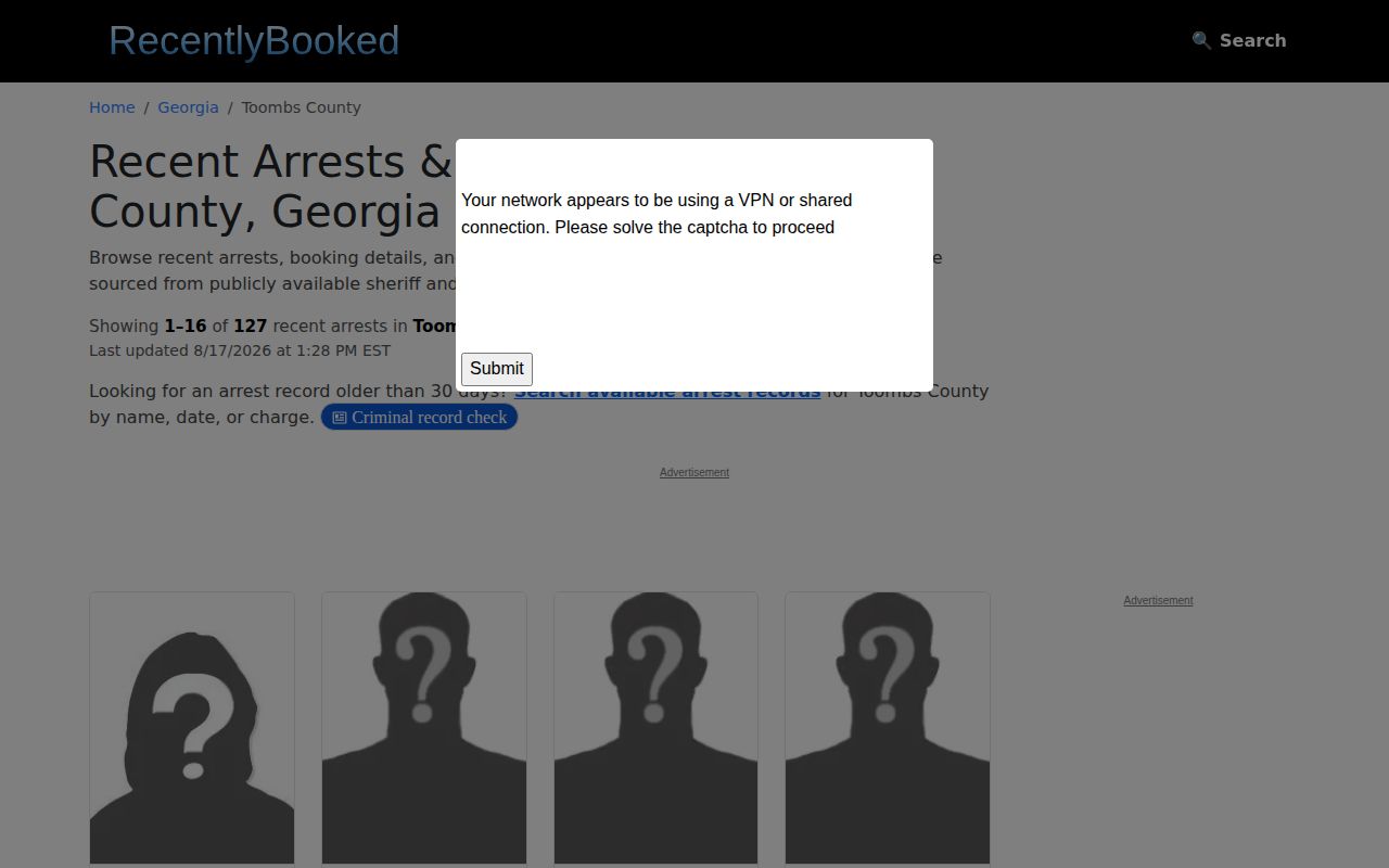 Recently Booked Toombs County secondary booking-news section