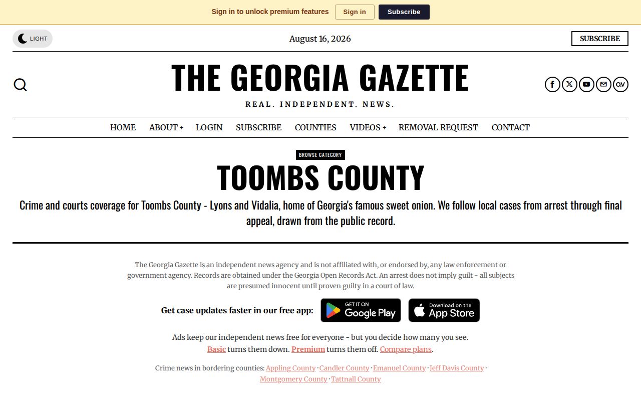 Georgia Gazette Toombs County crime-news archive landing page