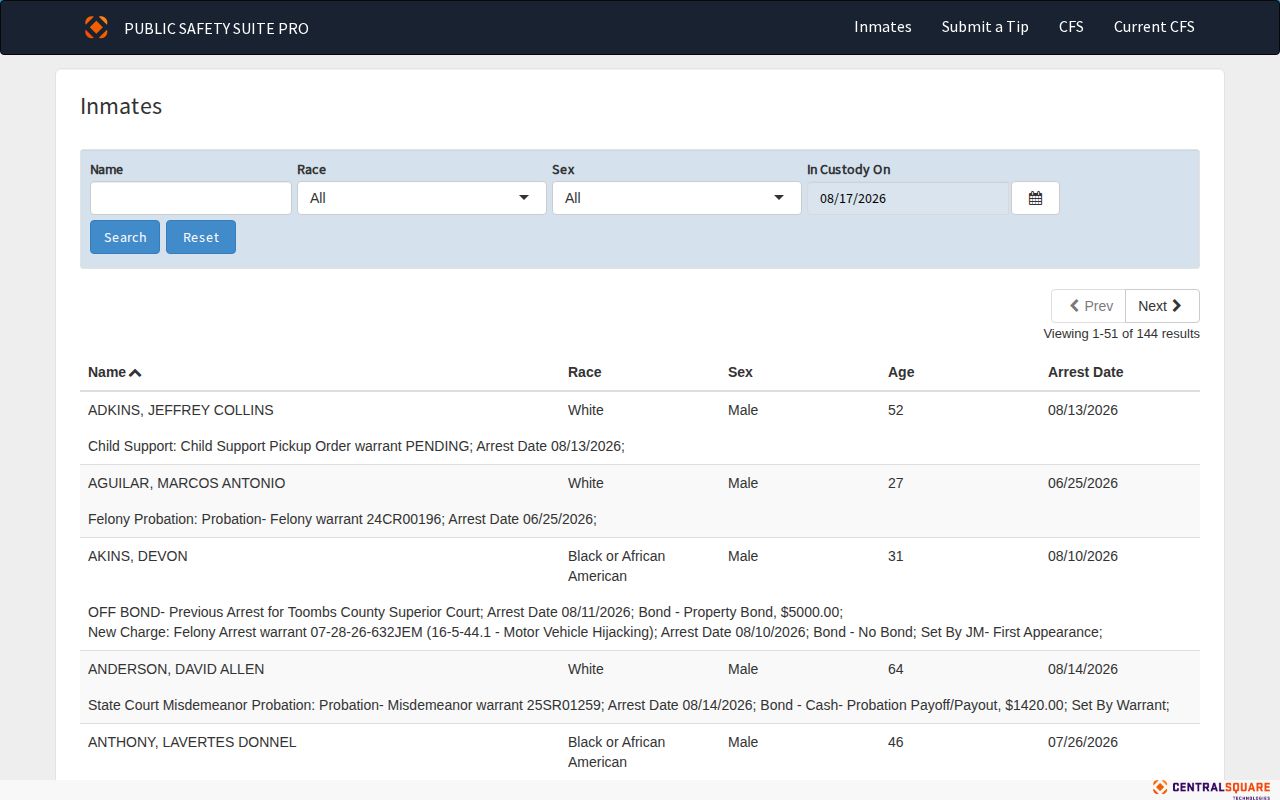 Toombs County current inmate roster search interface for Charles Durst Detention Center records